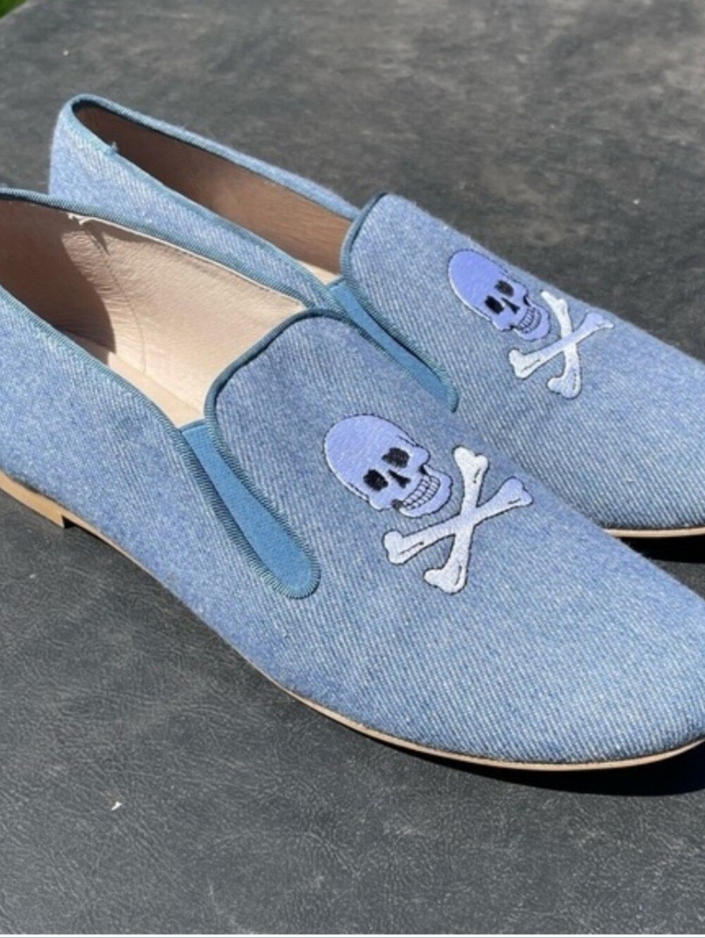 Light Blue Denim Slip-On Loafers with Skull Embroidery